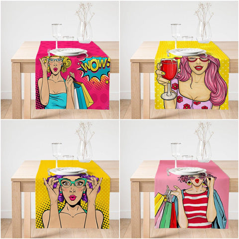 Pop Art Girl Table Runner|Decorative Table Runner|Vibrant Colors Pop Art Suede Runner|High Quality Table Decor|Vivid Colors Kitchen Decor