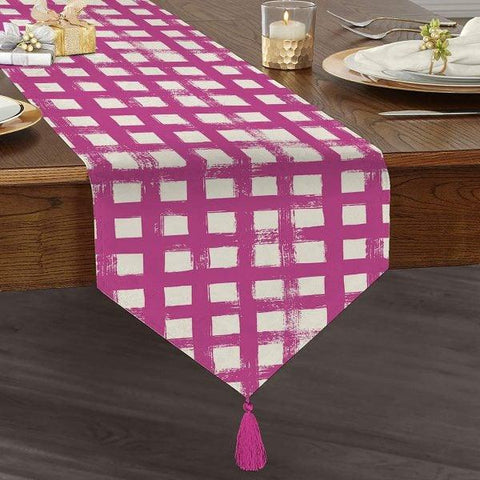 Plaid Table Runner|High Quality Triangle Chenille Table Runner|Decorative Tabletop|Tartan Pattern Table Runner|Checkered Tasseled Runner