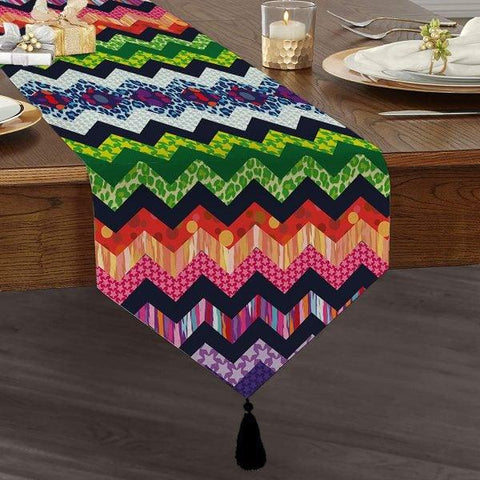 Zigzag Pattern Table Runner|High Quality Triangle Chenille Table Runner|Decorative Tabletop| Colorful Zigzag Tabletop|Zigzag Tasseled Runner