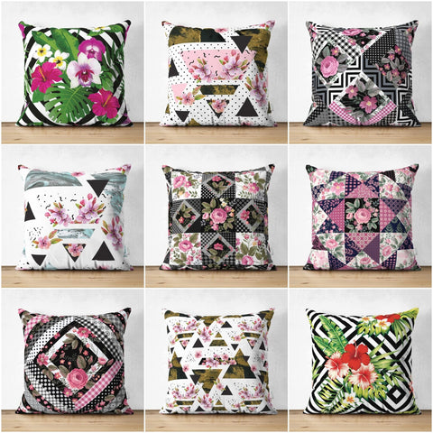Floral Pillow Cover|Summer Trend Cushion Case|Pinky Flowers Home Decor|Heartwarming Floral Suede Cushion|Flowers on Geometric Pattern Case