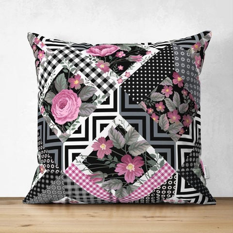 Floral Pillow Cover|Summer Trend Cushion Case|Pinky Flowers Home Decor|Heartwarming Floral Suede Cushion|Flowers on Geometric Pattern Case