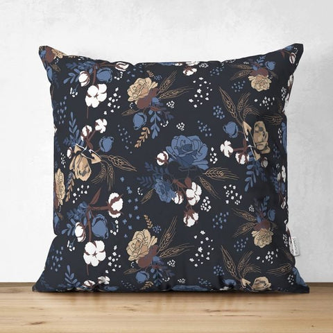 Floral Pillow Cover|Flowers on Black Background Cushion Case|Square Suede Pillow Cover|Summer Trend Cushion Case|Decorative Pillow Case