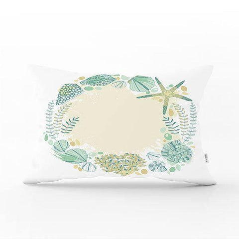 Beach House Pillow Cover|Rectangle Coastal Cushion Case|Decorative Nautical Throw Pillow|Fish Seashells Oyster Starfish Coral Cushion Cover