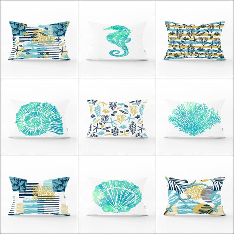 Beach House Pillow Cover|Rectangle Coastal Cushion Case|Decorative Sea Creatures Pillow|Turquoise Seahorse Oyster Seashell and Coral Pillow