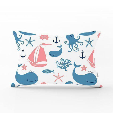 Beach House Pillow Cover|Rectangle Coastal Cushion Case|Decorative Sea Shell Pillow Case|Summer Trend Pillow|Seahorse Oyster Crab Pillow