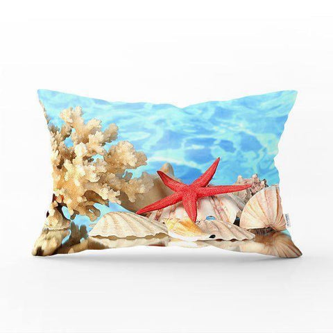Beach House Pillow Cover|Rectangle Coastal Cushion Case|Decorative Sea Creatures Pillow|Summer Trend Pillow|Red Starfish Coastal Home Decor