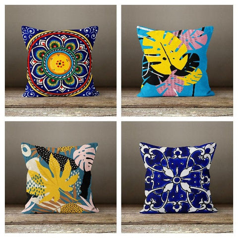 Decorative Pillow Cover|Art Deco Style Pillow Cover|Blue Yellow Cushion Case|Housewarming Throw Pillow Cover|Farmhouse Leaves Home Decor