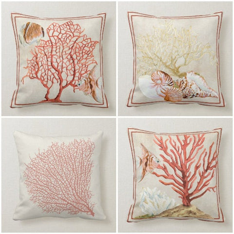 Beach House Pillow Covers|Coastal Pillow Case|Beige Marine Pillow|Decorative Nautical Cushions|Coral Throw Pillow|Seashell Home Decor