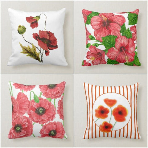 Red Poppy Pillow Cover|Red Floral Cushion Case|Decorative Summer Poppy Throw Pillow Top|Boho Bedding Home Decor|Farmhouse Style Cushion Case