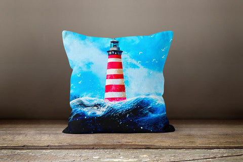 Nautical Pillow Case|Navy Marine Pillow Cover|Decorative Beach Cushions|Anchor Lighthouse and Life Saver Throw Pillow|Beach Home Decor