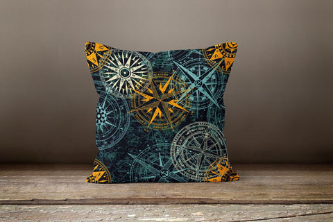 Nautical Pillow Case|Navy Marine Pillow Cover|Decorative Beach Cushion Case|Anchor and Wheel Throw Pillow|Naval Compass Coastal Home Decor