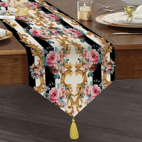 Floral Table Runner|High Quality Triangle Chenille Table Runner|Summer Trend Tabletop|Farmhouse Tabletop|Flowers on Stripes Tasseled Runner