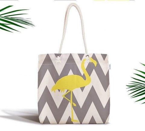 Flamingo Shoulder Bag|Flamingo Island Fabric Handbag|Yellow and Gray Flamingo on Zigzag Pattern|Beach Tote Bag|Boho Style Women&