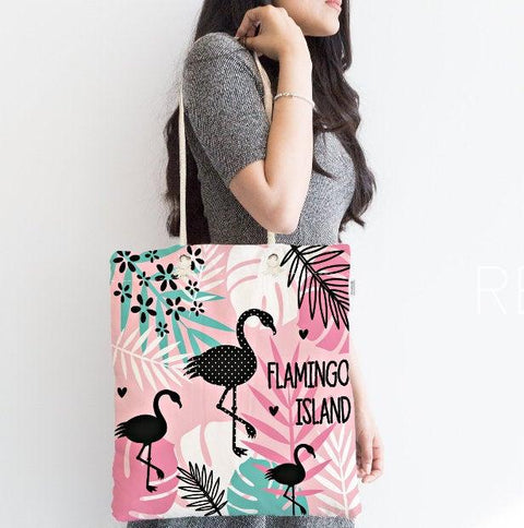 Flamingo Shoulder Bag|Flamingo Island Fabric Handbag|Yellow and Gray Flamingo on Zigzag Pattern|Beach Tote Bag|Boho Style Women&