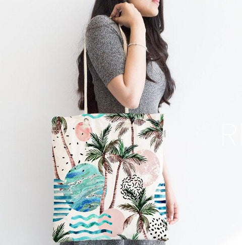 Palm Tree Shoulder Bag|Floral Fabric Handbag with Palm Tree Island and Globe|Floral Beach Tote Bag|Summer Trend Messenger Bag|Gift for Her