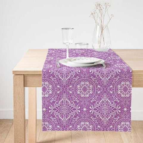 Geometric Table Runner|Decorative Table Runner|Purple Beige Suede Runner|Ethnic Pattern Table Decor|Bohemian Style Authentic Table Runner