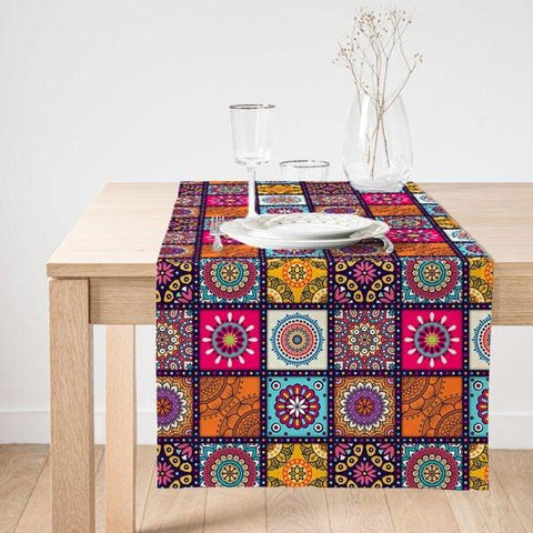 Tile Pattern Table Runner|Decorative Table Runner|Ethnic Pattern Suede Runner|High Quality Checkered Table Decor|Authentic Table Runner