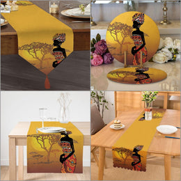African Girl Placemat & Table Runner|Ethnic Table Top|Set of 2 African Supla Table Mat|Round American Service Dining Underplate and Coasters