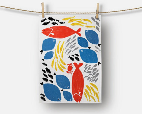 Nautical Kitchen Towel|Red, Blue and Black Fish Dish Towel|Lemon Tea Towel|Summer Trend Hand Towel|Coral and Starfish Towel for Restaurant