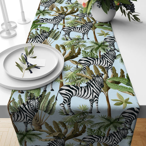 Zebra Table Runner|Floral Zebra Table Top|Animal Print Tablecloth|Zebra with Green Leaves and Red Rose Table Runner|Zebra Print Tablecloth
