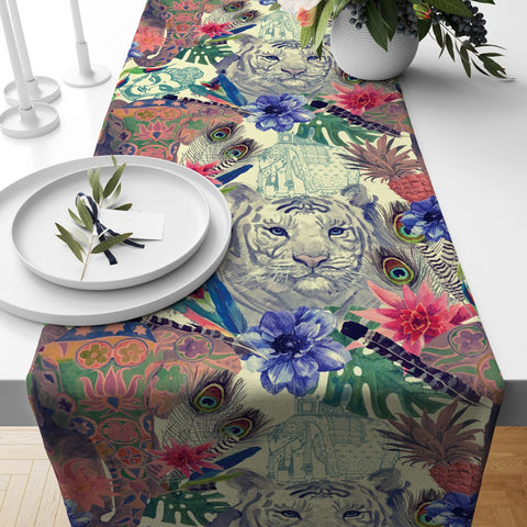 Wild Animals Table Runner|Floral Animal Print Table Top|Wild Cats Tablecloth|Striped Cheetah Table Runner|Animal with Floral Pattern Runner
