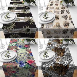 Wild Animals Table Runner|Floral Animal Print Table Top|Wild Cats Tablecloth|Striped Cheetah Table Runner|Animal with Floral Pattern Runner