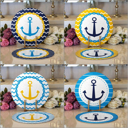 Nautical Placemat|Set of 2 Nautical Supla Table Mat|Navy Anchor Round American Service Dining Underplate|Blue Yellow Beach House Coasters