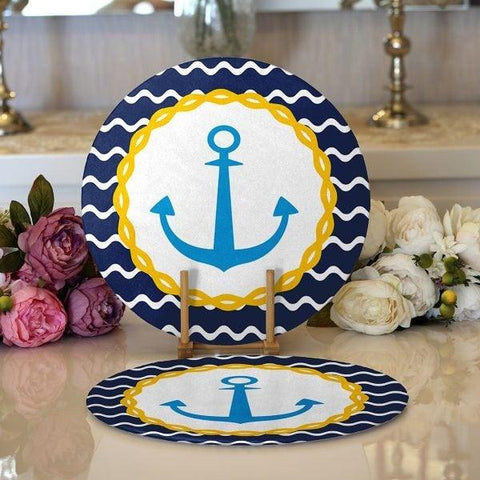 Nautical Placemat|Set of 2 Nautical Supla Table Mat|Navy Anchor Round American Service Dining Underplate|Blue Yellow Beach House Coasters