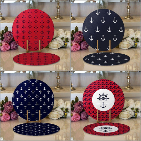 Nautical Placemat|Set of 2 Nautical Supla Table Mat|Navy Anchor Round American Service Dining Underplate|Navy Wheel Beach House Coasters