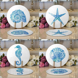 Beach House Placemat|Set of 2 Coastal Supla Table Mat|Seahorse Round American Service Dining Underplate|Starfish Seashell Oyster Coasters