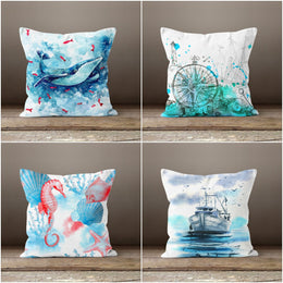 Nautical Pillow Case|Navy Blue Marine Pillow Cover|Decorative Turquoise Cushions|Coastal Throw Pillow|Whale Seahorse Ship Beach House Decor
