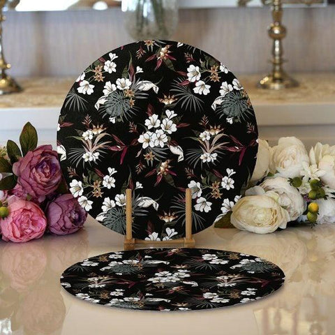 Floral Placemat|Set of 2 Flower Supla Table Mat|Flowers on Black Background Round American Service Dining Underplate|Farmhouse Style Coaster