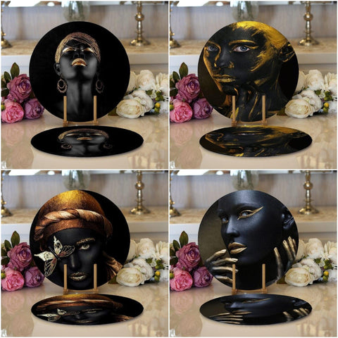 African Girl Placemat|Set of 2 Ethnic Supla Table Mat|Black Girl Round American Service Dining Underplate|Farmhouse Style Black-Gold Coaster