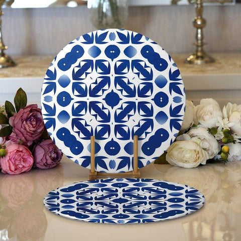 Tile Pattern Placemat|Set of 2 Blue White Supla Table Mat|Decorative Round American Service Dining Underplate|Geometric Design Coasters
