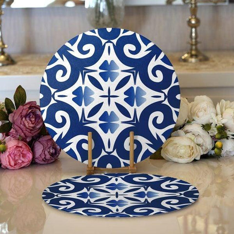 Tile Pattern Placemat|Set of 2 Blue White Supla Table Mat|Decorative Round American Service Dining Underplate|Geometric Design Coasters