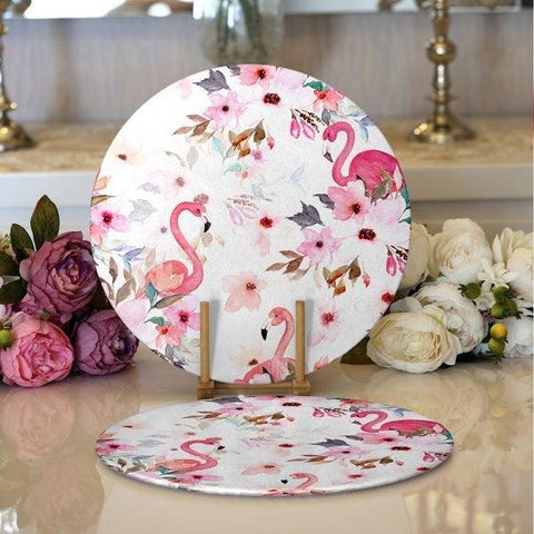 Flamingo Placemat|Set of 2 Floral Flamingo Supla Table Mat|Decorative Round American Service Dining Underplate|Flamingo with Flower Coasters