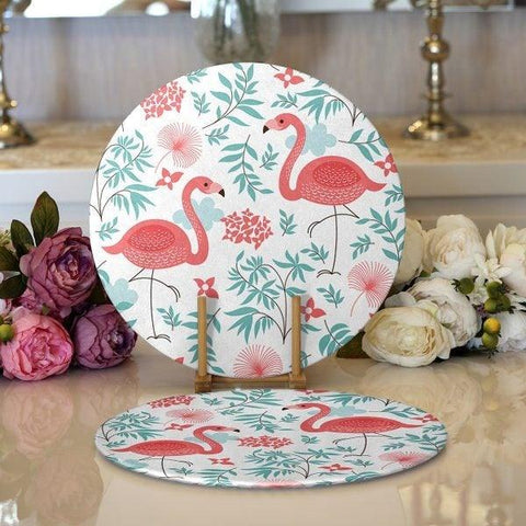 Flamingo Placemat|Set of 2 Floral Flamingo Supla Table Mat|Decorative Round American Service Dining Underplate|Flamingo with Flower Coasters