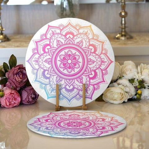 Tiled Mandala Placemat|Set of 2 Tiled Mandala Supla Table Mat|Decorative Round American Service Dining Underplate|Purple and Pink Coasters