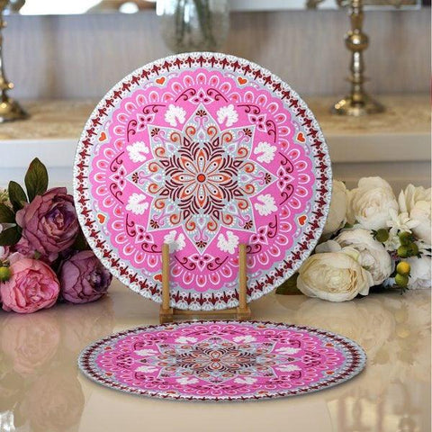 Tiled Mandala Placemat|Set of 2 Tiled Mandala Supla Table Mat|Decorative Round American Service Dining Underplate|Purple and Pink Coasters
