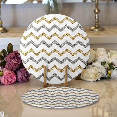 Zig Zag Pattern Placemat|Set of 2 Zig Zag Pattern Supla Table Mat|Decorative Round American Service Dining Underplate|Gold and White Coaster