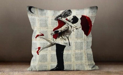 Love Throw Pillow Cover|February 14 Gift for Girlfriend|Romantic Home Decor|Floral Love Cushion|Red Umbrella Pillow Sham|Couple Under Rain