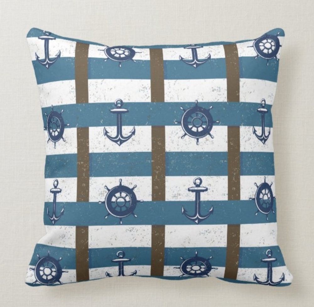 Nautical Pillow Cover|Navy Marine Pillow Case|Navy Anchor and Wheel Pillow|Sailboat Throw Pillow|Colorful Fish Decor|Beach House Cushion