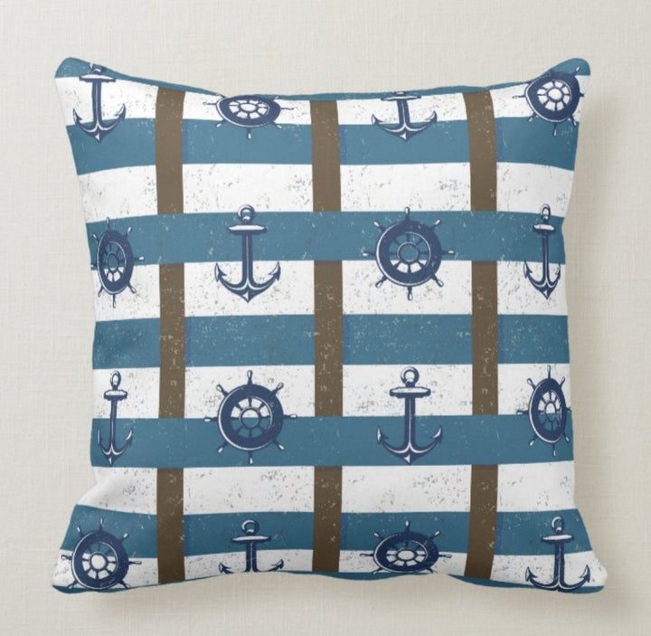 Nautical Pillow Cover|Navy Marine Pillow Case|Navy Anchor and Wheel Pillow|Sailboat Throw Pillow|Colorful Fish Decor|Beach House Cushion