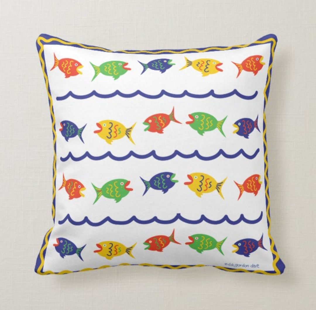 Nautical Pillow Cover|Navy Marine Pillow Case|Navy Anchor and Wheel Pillow|Sailboat Throw Pillow|Colorful Fish Decor|Beach House Cushion