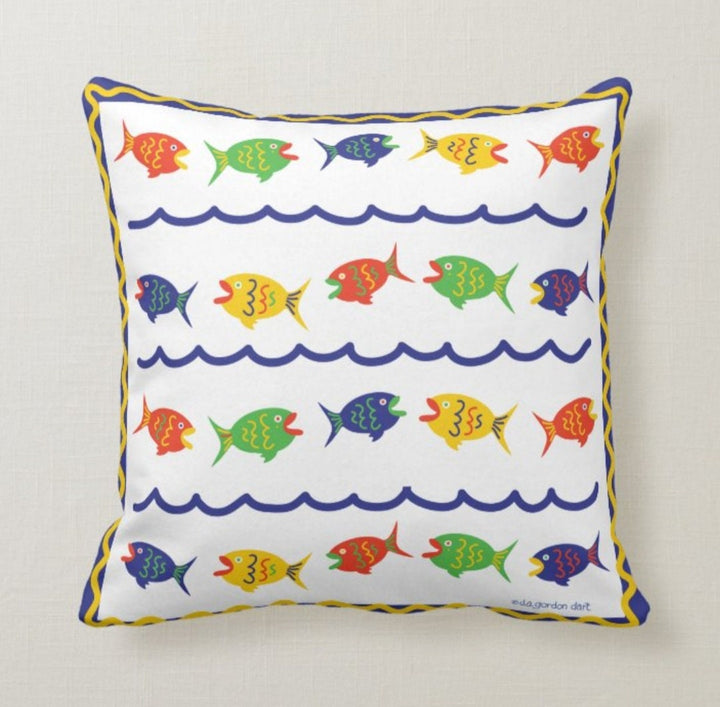 Nautical Pillow Cover|Navy Marine Pillow Case|Navy Anchor and Wheel Pillow|Sailboat Throw Pillow|Colorful Fish Decor|Beach House Cushion