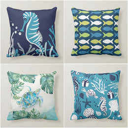 Nautical Pillow Case|Sea Turtle Seahorse Pillow Cover|Decorative Turquoise Cushion Case|Coastal Throw Pillow|Blue Fish Coastal Pillow Top