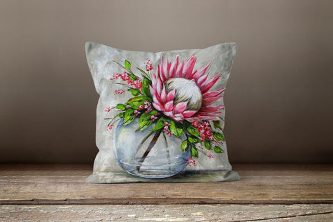 Pink Protea Pillow Cover|Summer Trend Throw Pillow Case|Flowerpot Pillow Top|Pink Gray Flower Pillow Cover|Summer Trend Floral Cushion Case