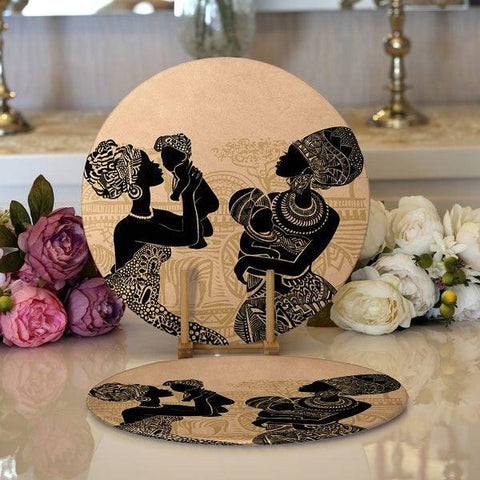 African Woman Placemat|Set of 2 Ethnic Supla Table Mat|Black Woman Round American Service Dining Underplate|Farmhouse Black-Brown Coasters