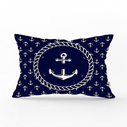 Nautical Pillow Case|Navy Anchor Pillow Cover|Decorative Yacht Cushions|Rectangle Beach House Pillows|Blue White Coastal Cushion Covers