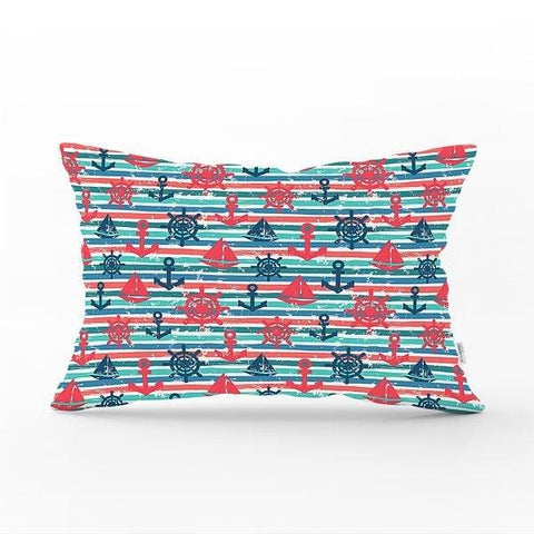 Nautical Pillow Case|Anchor and Wheel Pillow Cover|Decorative Yacht Cushion|Striped Rectangle Beach House Pillow|Life Saver Cushion Cover